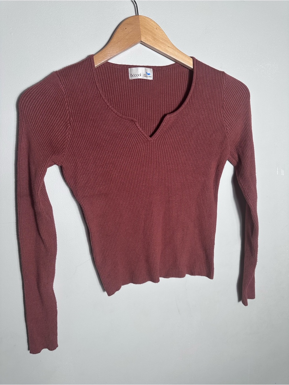 Ribbed Long Sleeve V-Notch Top in Rust